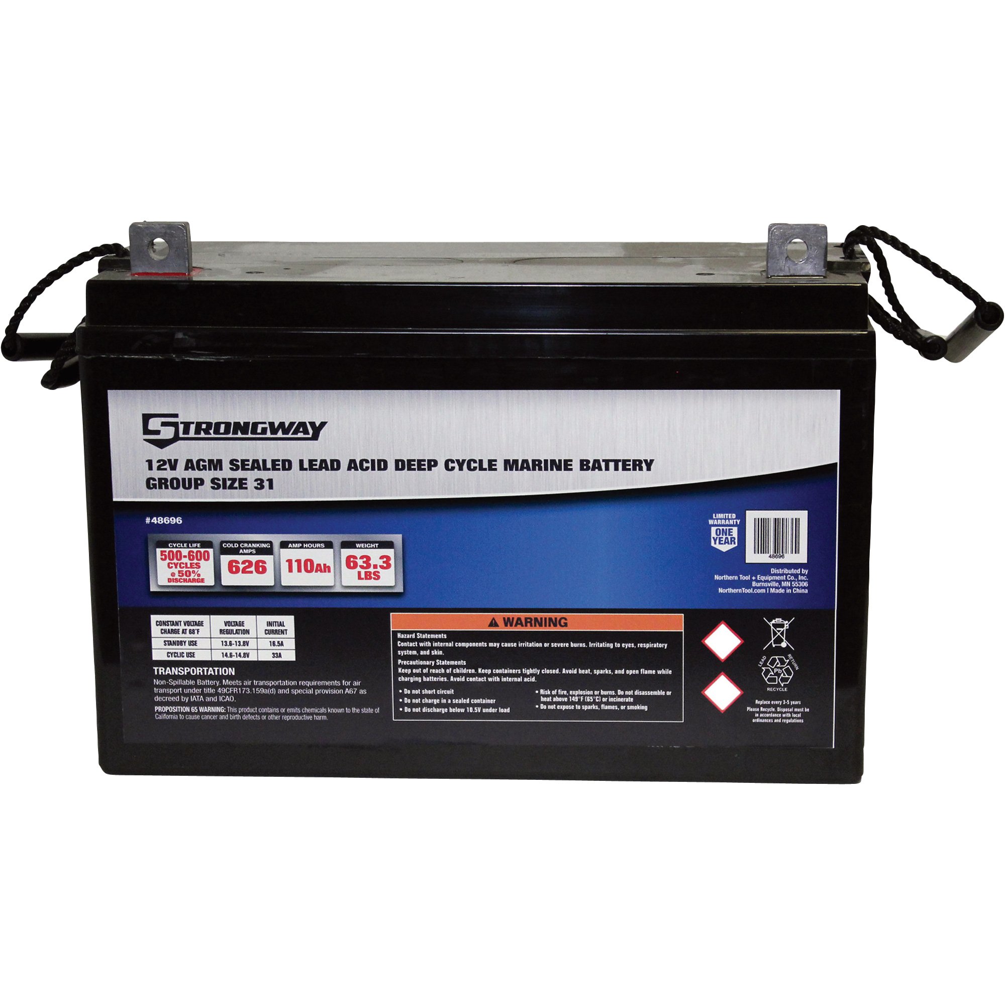 Strongway Deep Cycle Marine Battery — Group Size 30H, 12 Volt, 110 Ah, Sealed Lead Acid